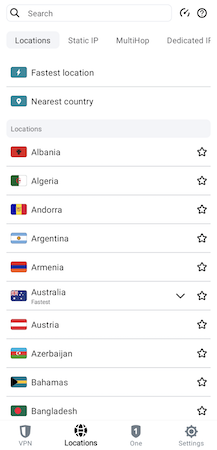 Android 應用程式上的 Surfshark 伺服器列表