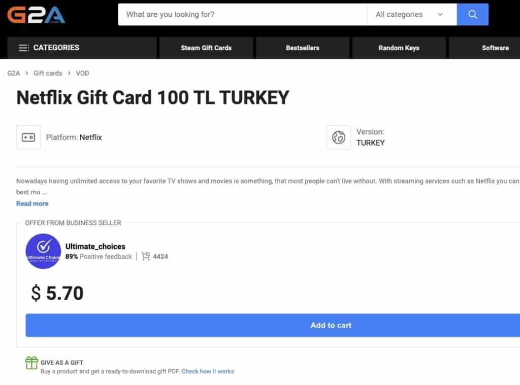 土耳其 Netflix 禮品卡 100 里拉