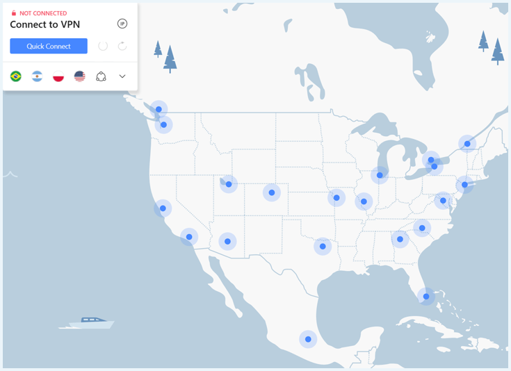 NordVPN 軟體顯示美國地圖